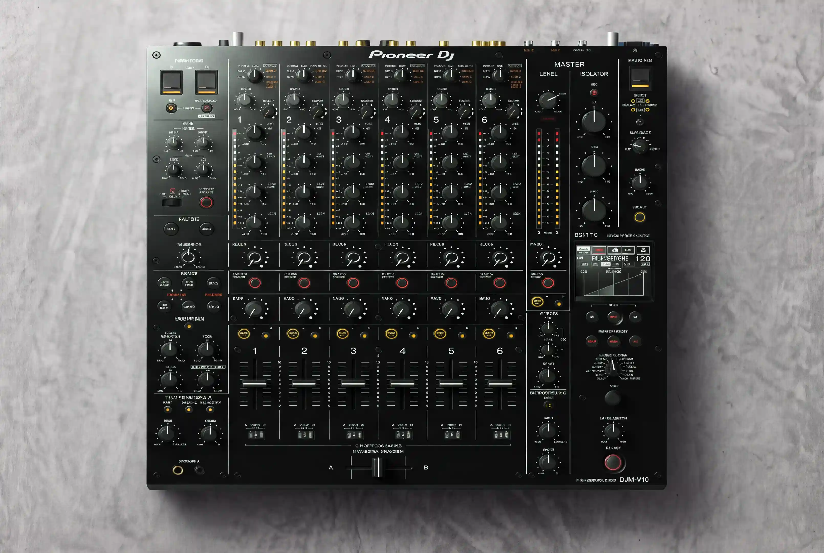 De Pioneer DJ DJM-V10-mixer van bovenaf